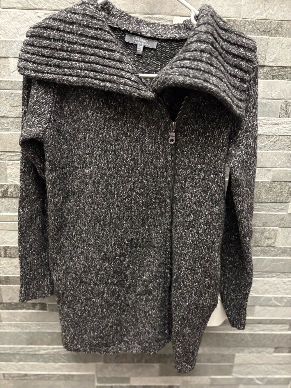 Lisa Rinna Collection Charcoal Zip-Up Fold-Over Collar Sweater